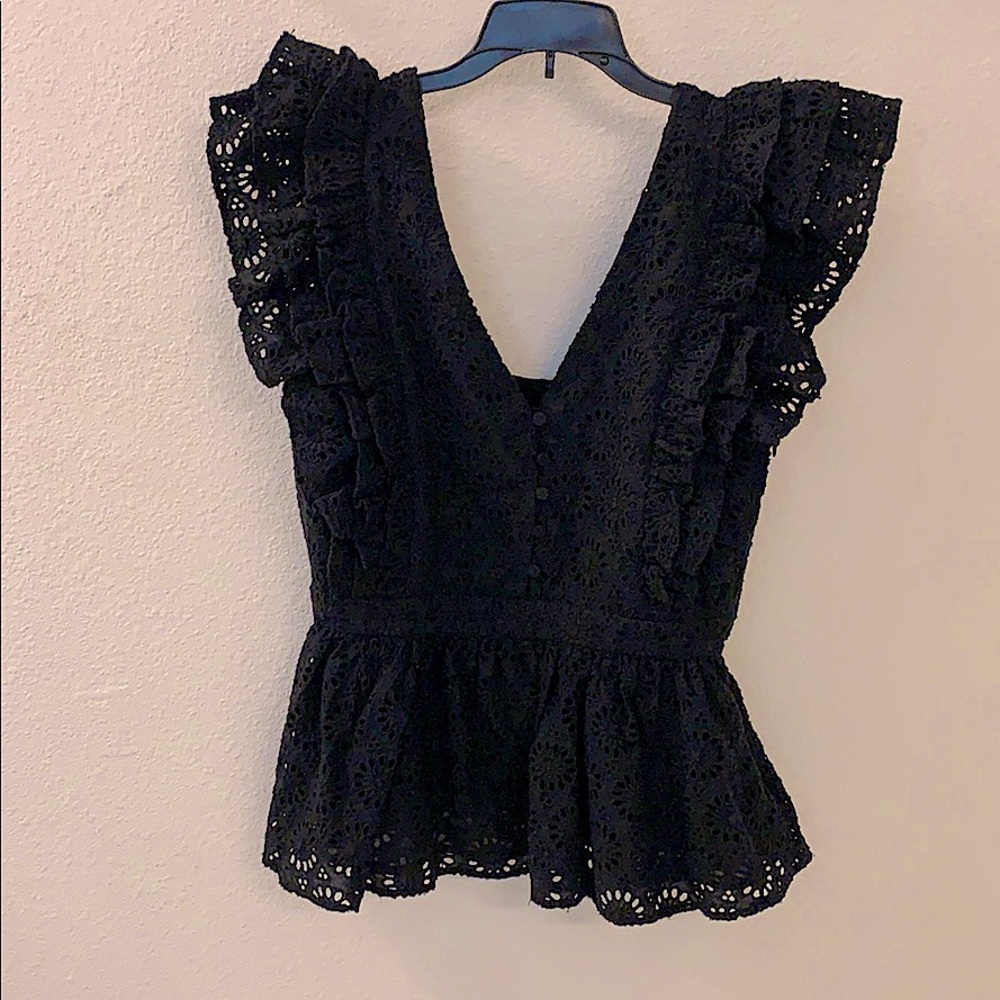 Black Eyelet Lace Peplum Blouse - Women's V-Neck Top